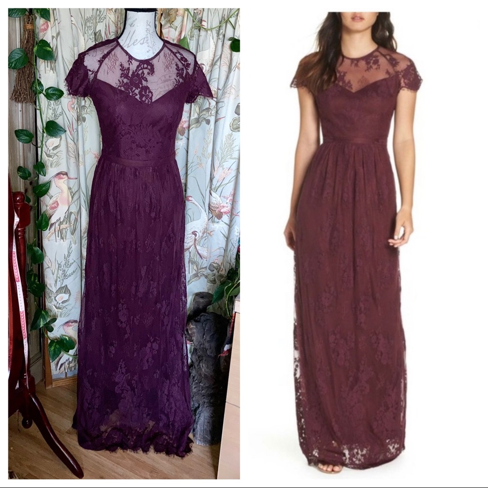 Nordstrom Heartloom Josie Lace Dress Gown Burgundy Maroon Short Sleeve Maxi Med